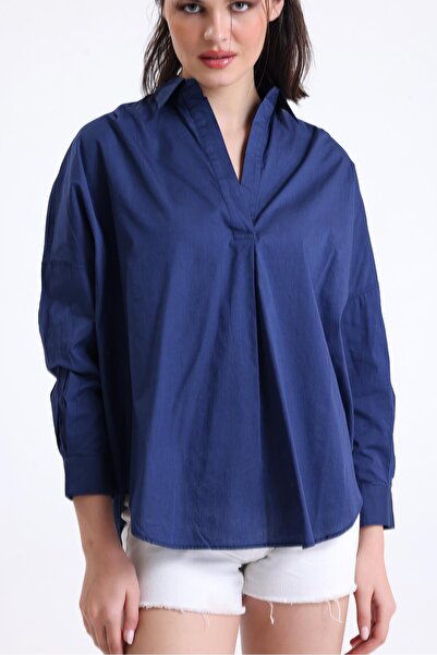 Miss Murem Placket Poplin Sun Shirt-DARK BLUE