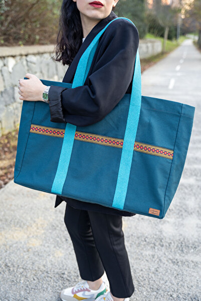 Ju Yaratıcı Tasarım Canvas Shoulder Bag Waterproof Fabric Oversized Petrol Blue