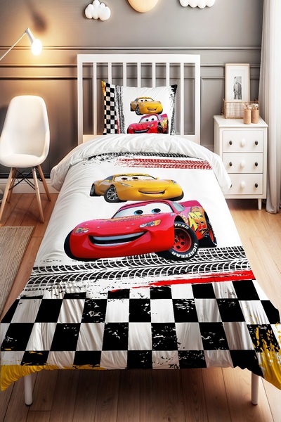 EVPANYA Damalı Mcqueen Desenli Tek Kişilik Bebek Çocuk Nevresim Seti