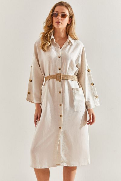 Bianco Lucci Linen Shirt Dress - Straw Belt, Women's,60171014