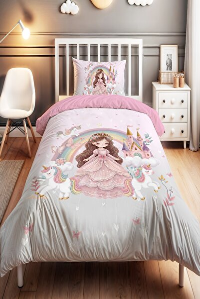 EVPANYA Unicornlu Prenses Desenli Tek Kişilik Bebek Çocuk Nevresim Seti