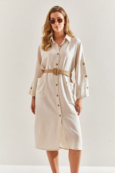 Bianco Lucci Linen Shirt Dress - Straw Belt, Women's,60171014