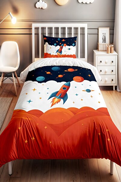 EVPANYA Lacivert Kırmızı Uzay Desenli Tek Kişilik Bebek Çocuk Nevresim Seti