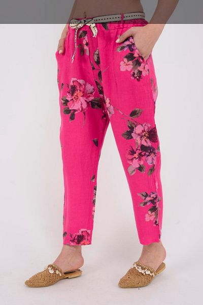 AYASOFYA OTANTIK Women's Fuchsia Italian Elastic Waist Belt Detailed Flower Pattern Carrot Linen Trousers