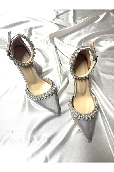 TrendyAnka Satin Silver Crystal Stone 8 Cm Transparent Heeled Pointed Toe Evening Dress Shoes