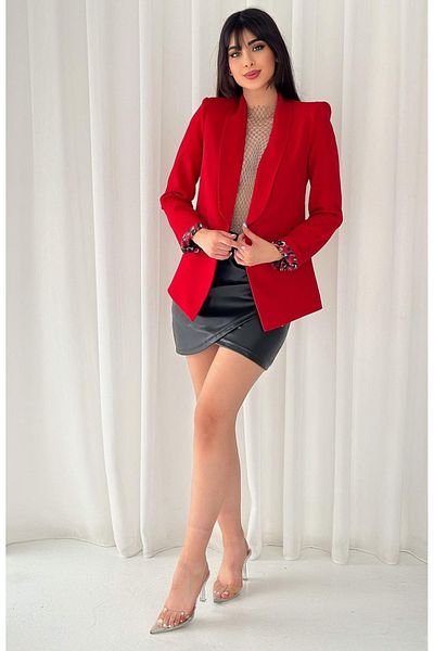 pembekurdelem Women's Sleeve Foldable Liner Leopard Pattern Buttonless Blazer Jacket Red