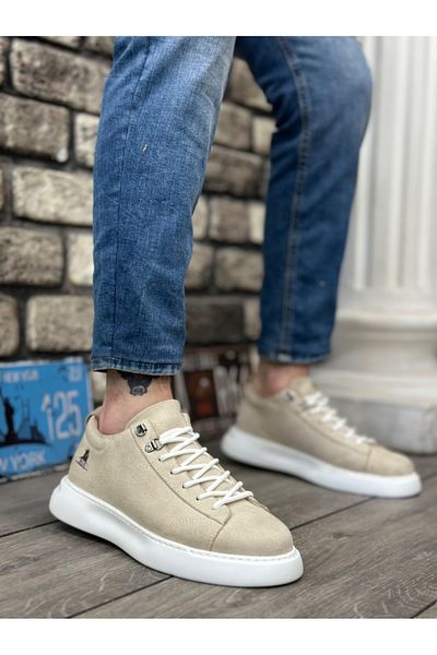 BOA BA0331 Lace-Up Men's High Sole Cream Suede White Sole Sports Shoes