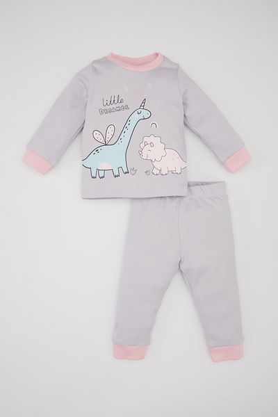 DeFacto Baby Girls Pajama Set Dinosaur Print Long Sleeve Top with Elastic Waist Long Bottom