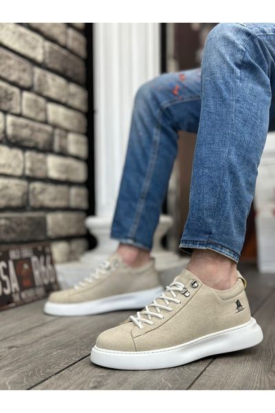 BOA BA0331 Lace-Up Men's High Sole Cream Suede White Sole Sports Shoes