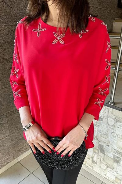 TRENDBUTİKOFFİCİAL Collar/Sleeve Stone Detailed Laser Cut Crepe Fabric Shirt