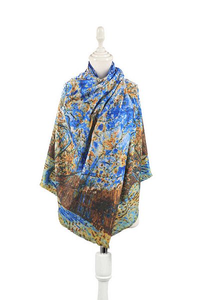 Bursa İpek Blue Peach Tree Pattern Winter Shawl