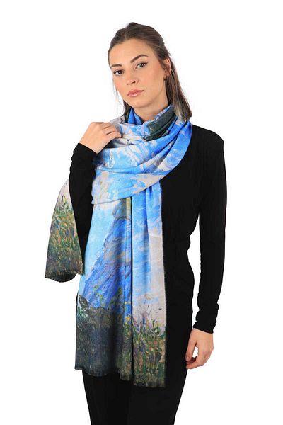 Bursa İpek Girl with Blue Umbrella Pattern Winter Shawl