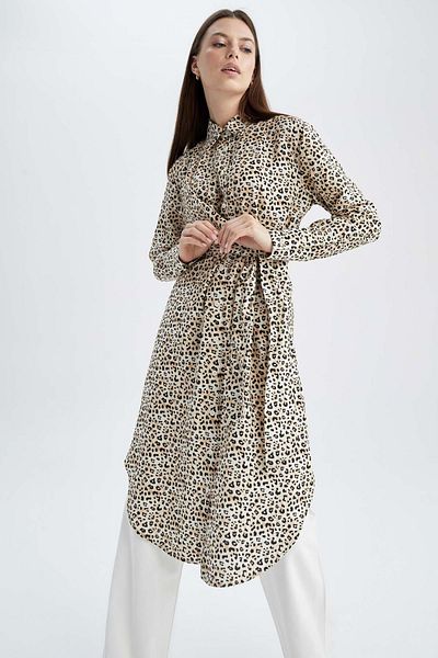 DeFacto Regular Fit Shirt Collar Leopard Pattern Long Sleeve Tunic X6548az22au