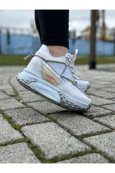 Nstil Pantofi cu toc înalt cu hologramă albă - Pantofi sport confortabili cu detalii în piatră 1038