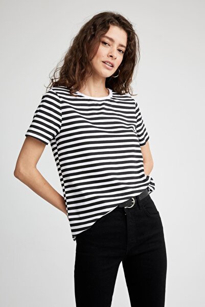 DeFacto Μπλουζάκι κανονικής εφαρμογής ριγέ Crew λαιμόκοψη κοντό μανίκι 100% βαμβακερό T-shirt X4604az23sm