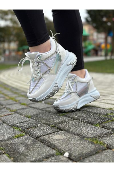 Nstil Pantofi cu toc înalt cu hologramă albă - Pantofi sport confortabili cu detalii în piatră 1038