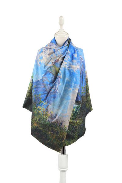 Bursa İpek Girl with Blue Umbrella Pattern Winter Shawl