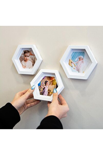 Nobbystar Yapışkanlı Sök Tak Küçük Beyaz Altıgen Fotoğraf Çerçevesi - 3'lü Paket