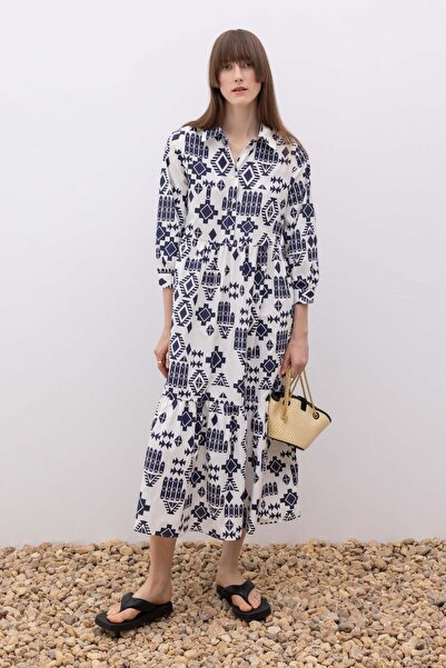 DeFacto Shirt Collar Patterned Terry Cotton Maxi Half Sleeve Dress Z9109az23sp