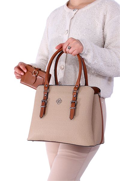 By Hakan Jn-1320 Embossed Wallet Combination Women's Hand and Shoulder Bag Mink