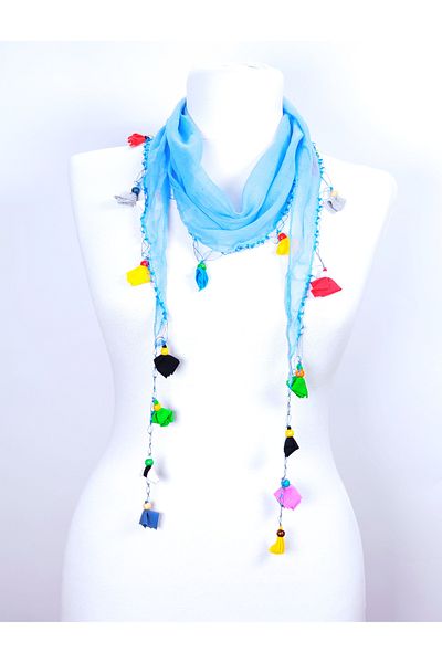 Fular Marketi Poyraz Embroidered Ethnic Scarf Blue