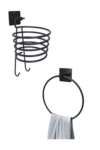 CEPHOME طقم لاصق معدني أسود مكون من 2 حامل مناشف دائري - مجفف شعر