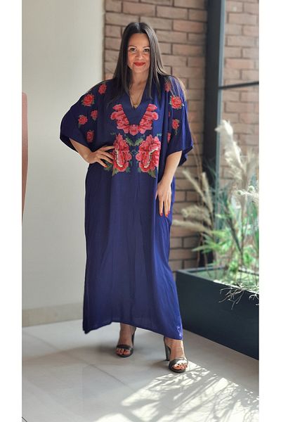 Park Moda An10392 - Rochie italiană cu decolteu în V cu broderie de trandafiri