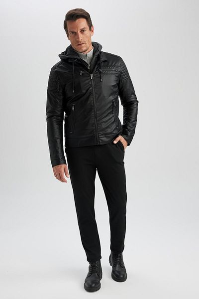 DeFacto Παλτό από συνθετικό δέρμα Slim Fit - Αποσπώμενη κουκούλα, φερμουάρ και τσέπες, βελούδινη επένδυση N9693az23wn