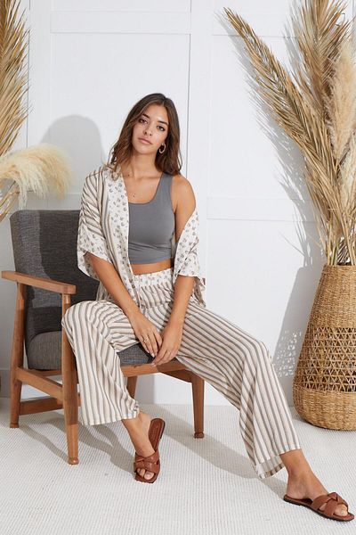 Sevim Set pijama 3 piese Croplu pentru damă, bej C8T2N551