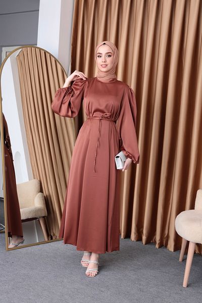 hacer ayaydın Μπαλόνι μανίκι Σατέν Hijab Oversize Piping ζωσμένο φόρεμα Hijab