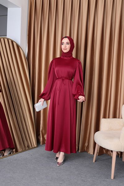 hacer ayaydın Μπαλόνι μανίκι Σατέν Hijab Oversize Piping ζωσμένο φόρεμα Hijab