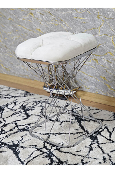 ZAFİR Kare Krom Kaplama Krem Puf & Bench - Puf Oturak - Bench - Ayak Ucu Otur...