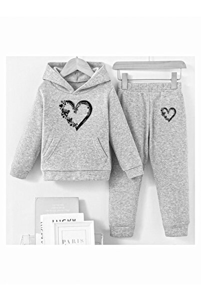 han elegant Set de trening pentru fete gri Set de trening cu inimă de fluture negru