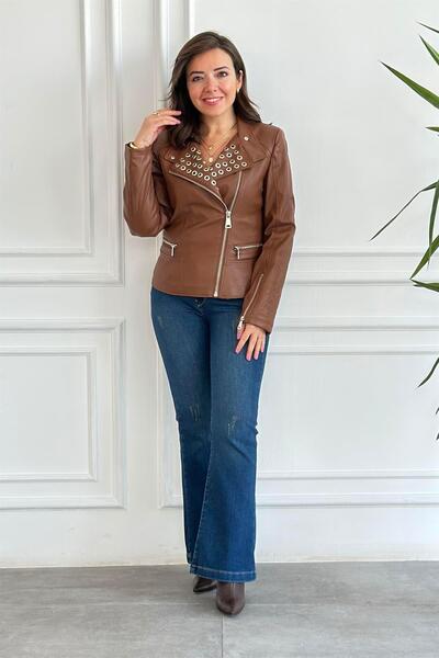 Yağmur Butik Μπουφάν με λεπτομέρεια Bird Eye και φερμουάρ Δερμάτινο