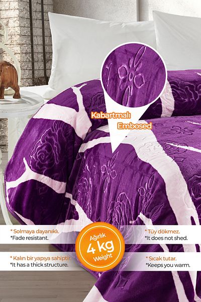 Evlen Home Collection 4 кг одеяло Supersoft Embos Thick Soft Plush Double Soft Fluffy 220x240 cm Devin Purple