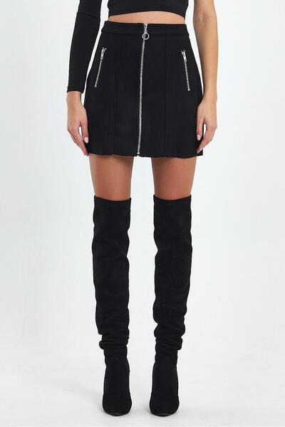 Ceylen Double Zipper Detail Suede Skirt