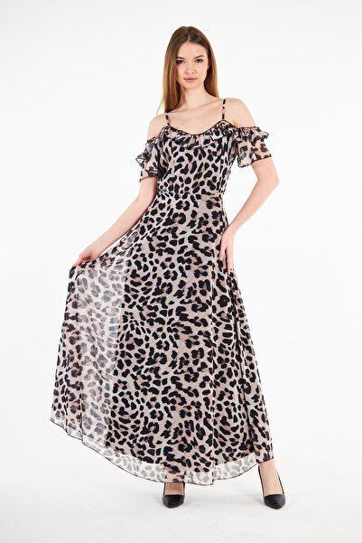 Ceylen Desenli Şifon I?p Askılı Yakası Fırfırlı Uzun Elbise