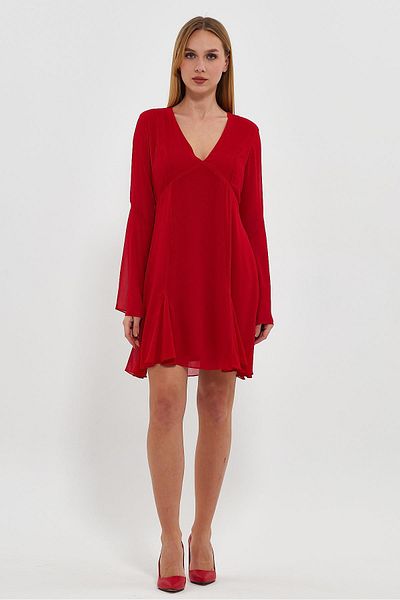 Ceylen Chiffon V-neck Long Bell Sleeve Mini Dress with Handkerchief Skirt