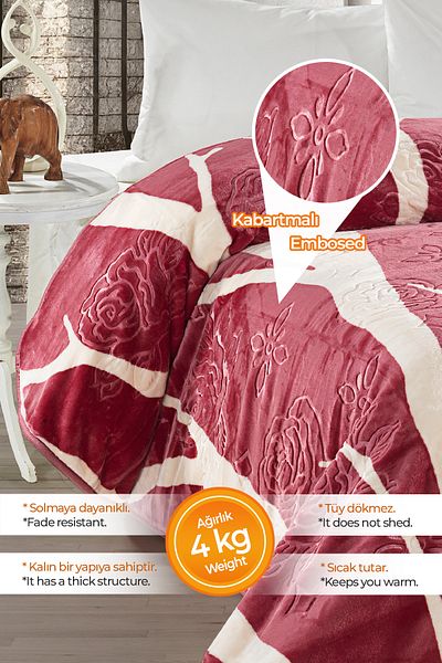 Evlen Home Collection 4 кг. Одеяло Supersoft Embos Thick Soft Plush Double Blanket 220x240 см, цвят Devin Red