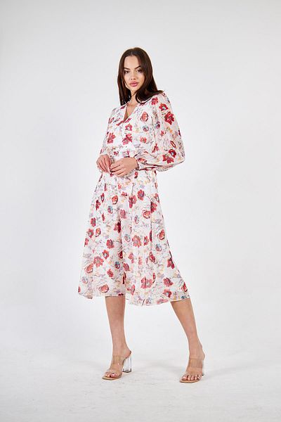 Ceylen Double Breasted Collar Long Sleeve Chiffon Flared Midi Dress