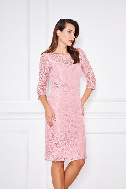 Ceylen Dantel Arka V Yakalı Düz Dar Midi Boy Abiye Elbise