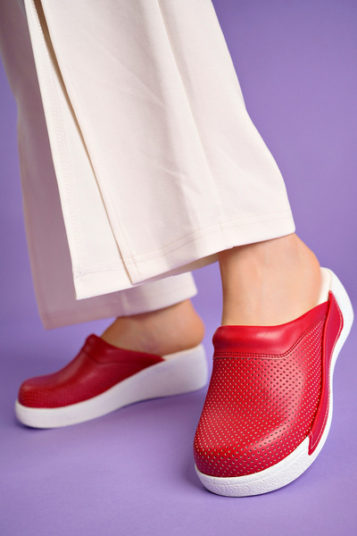 DRMOON Red Colored, Orthopedic, Genuine Leather Sabo Slippers