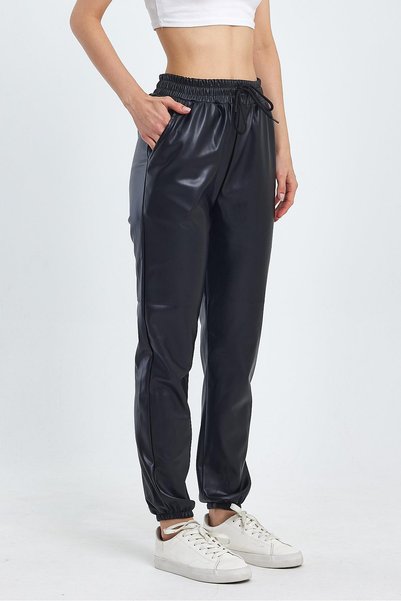 Ceylen Pantaloni de jogger din piele pentru damă, cu talie și picioare elastice