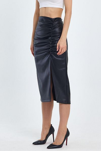 Ceylen Women's Gathered Slit Faux Leather Skirt