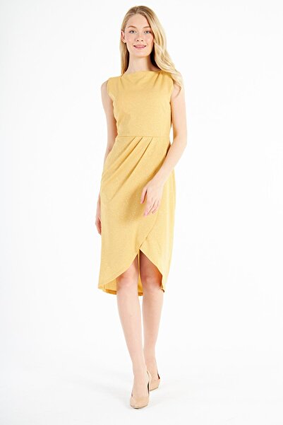 Ceylen Kayık Yakalı Pileli Anvelop Midi Boy Simli Elbise