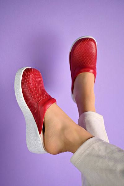 DRMOON Red Colored, Orthopedic, Genuine Leather Sabo Slippers