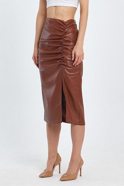 Ceylen Women's Gathered Slit Faux Leather Skirt