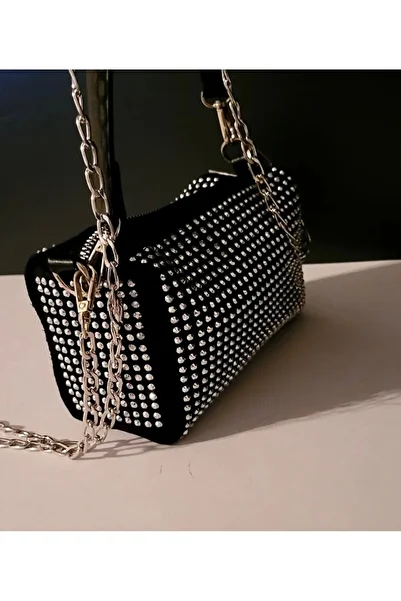 mudan Mdn Mini Black Stoned Nubuck Chain Hand and Shoulder Bag