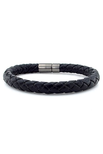 Solfera Thick Black Leather Anthracite Color Metal Clip Men's Bracelet M048C
