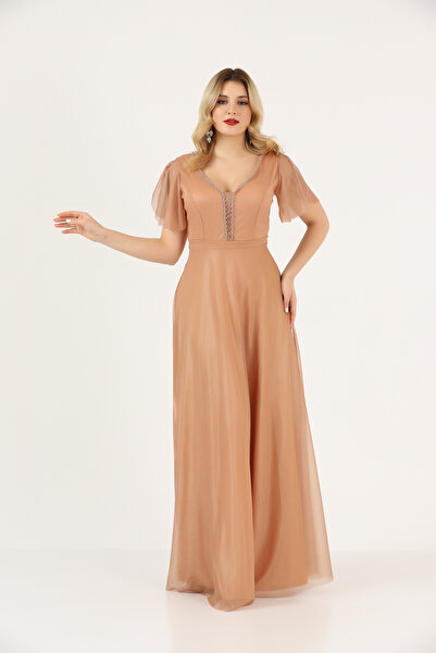 Ceylen Ασημί τούλι μπροστινό πίσω μανίκι με σχίσιμο μανίκι μακρύ φόρεμα